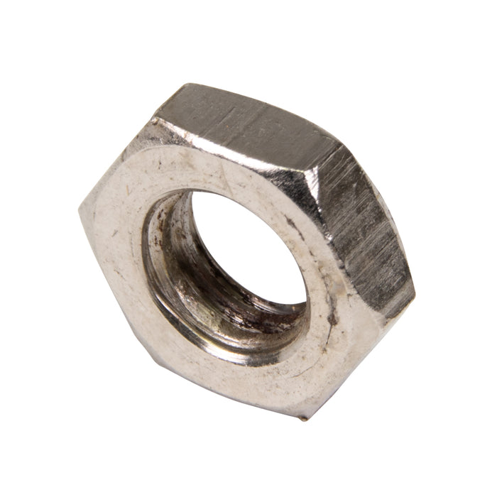 Écrou hexagonal bas, DIN 439B M6 x 1,00, 10 mm WAF, 3,2 mm TH CL4 Acier forgé à froid Nickelé DIN 439B/04-NP M6 par Spaenaur Inc.