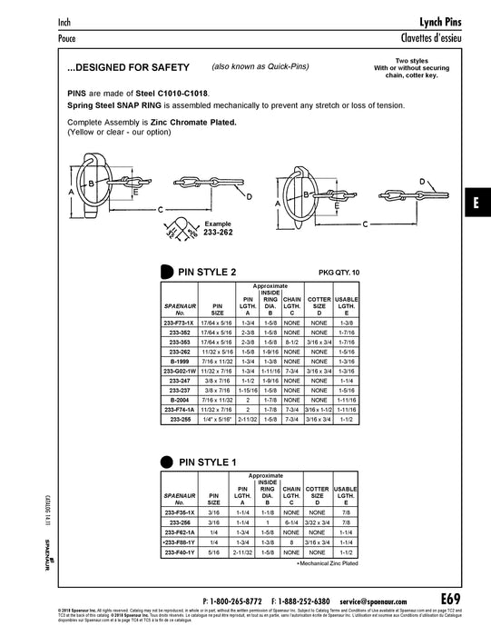 Lynch Pin, Flat Back, with Chain 7/16" DIA x 1 3/4" Pin LGTH, 1-11/16" Inside Ring DIA, Chain 7-3/4" LG, W/3/16X3/4" Cotter Steel C1010-18 Case Hard Pin, Spring Steel Snap Ring, Heavy Zinc Plated by Spaenaur Inc.