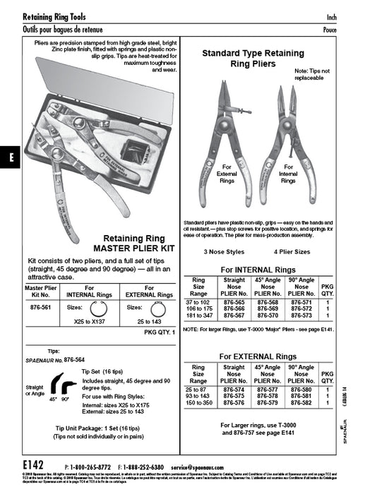Standard Plier for Internal Retaining Rings, 45 Degree Nose, Internal 106-175 Ring Range