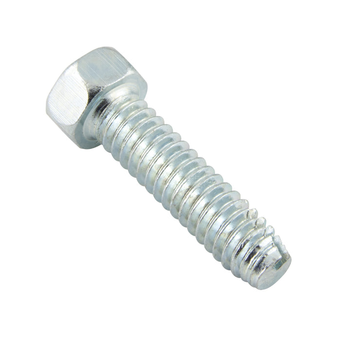 Vis autotaraudeuse, tête hexagonale crantée, type F 1/4"-20 UNC x 3/4" L (tête 3/8" AF), acier à faible teneur en carbone, cémentée et zingochromatée, conforme à la norme ANSI B18.6.4-1966, fabriquée par Spaenaur Inc.