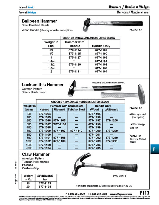 Locksmiths Hammer W/Hickory Handle, German Pattern, 5039.03 2000GR Steel, Black
