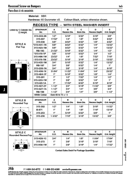 Pare-chocs en caoutchouc encastré avec insert en acier 21/32 po de diamètre extérieur x 1/2 po de hauteur x 5/16 po de composé Sbr Noir 65-70 Duro