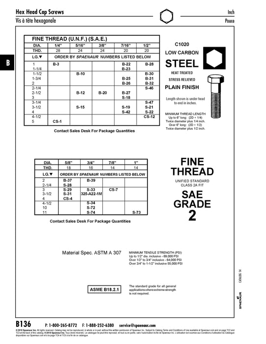 Vis à tête hexagonale Sae 5/16"-24 UNF x 3 1/2" GR 2 Acier à faible teneur en carbone Non plaqué ANSI B18.2.1-1965