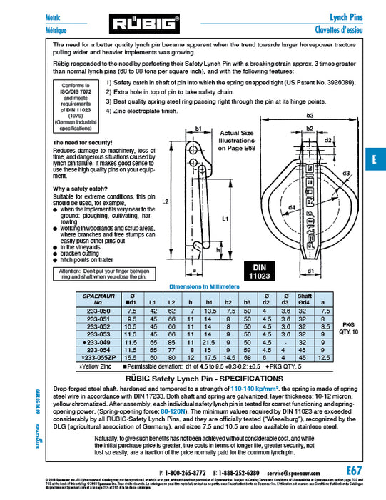 Safety Linch Pin DIN 11023 11.5mm DIA x 45mm LGTH Drop forged Steel Yellow Galvanized by Spaenaur Inc.