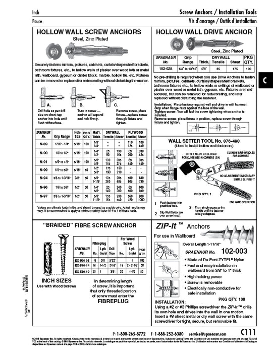 Wall Grip Screw Anchor, #6-32 (1/16"-1/4" Grip Range) 5/16" Drill Size, Steel Zinc Plated