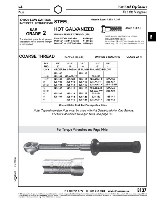 Hex Head Cap Screw 5/16"-18 UNC x 2 1/2" Grade 2 Steel Hot DIP Galvanized ANSI B18.2.1-1965