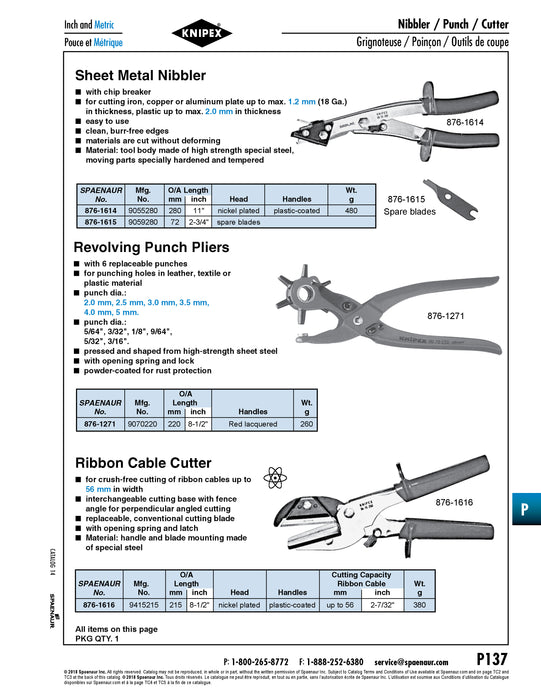 Revolving Punch Plier, 6 Punches 2.0, 2.5, 3.0, 3.5, 4.0, 5.0 mm DIA 220mm (8 1/2") LONG Sheet Steel, Powder-Coated Red Lacquered Handles