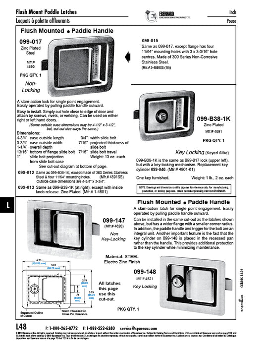 Flush Mounted Paddle Handle Slam Latch Non-Key Locking Steel Electronzinc Plated by Spaenaur Inc.