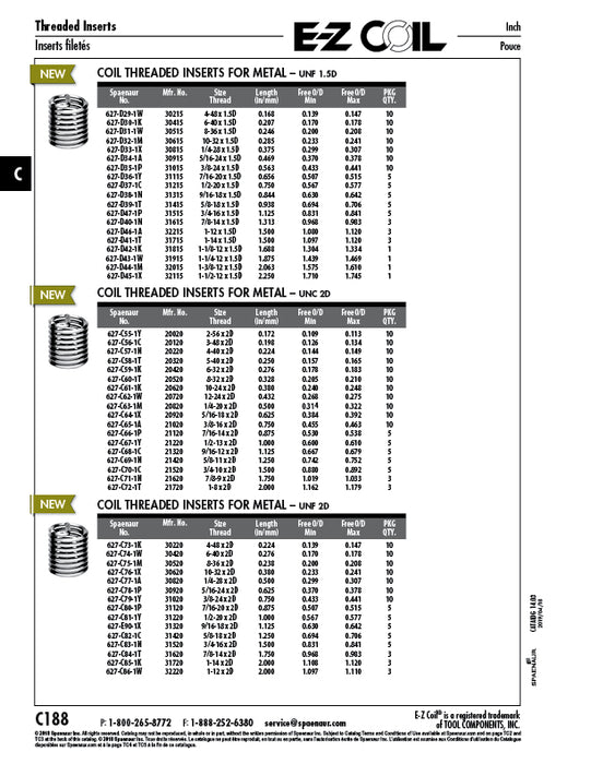 E-Z Coil Helical Thread Insert Standard Free Running 1-1/4-12 UNF x 1.875" Length 18-8 Stainless Steel E-Z Lok # 31915