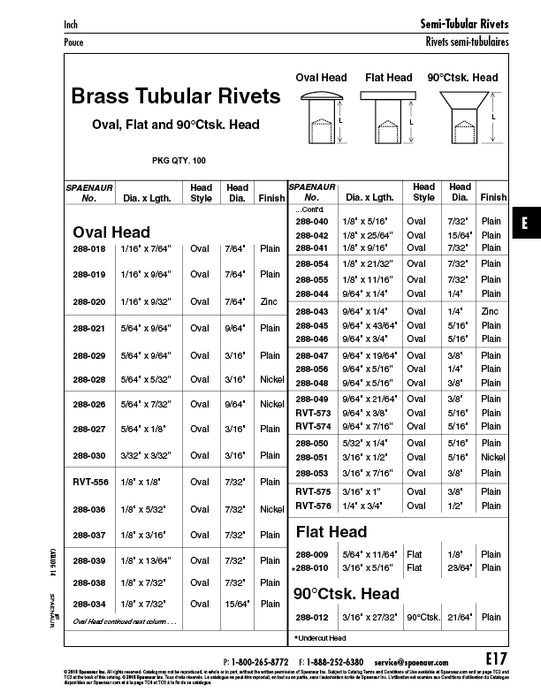 Oval Head Tubular Rivet 5/64" x 7/32" L (9/64" Head DIA) Brass Nickel Plated by Spaenaur Inc.
