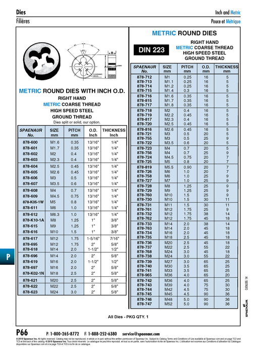 Adjustable Round Die, Metric M2 x 0.4 Coarse (13/16" OD) High Speed Steel