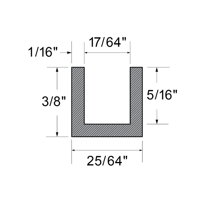 Extruded Rubber " U " Channel 25/64" Base x 3/8" O/A Height x 5/16" Inside Height x 17/64" Inside GAp x 1/16" Wall x 100 Ft Sbr 70 +-5 Duro by Spaenaur Inc.
