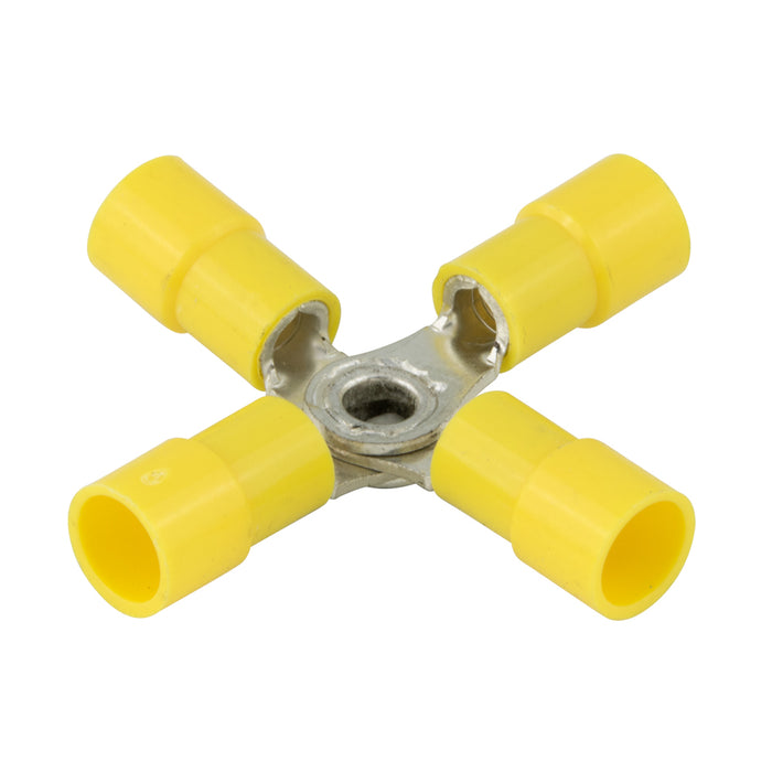Connecteur à quatre voies en cuivre, sans soudure, isolé 12-10 GA. Fil électrolytique en cuivre, isolation en plastique jaune, plaque d'étain brillante par Spaenaur Inc.