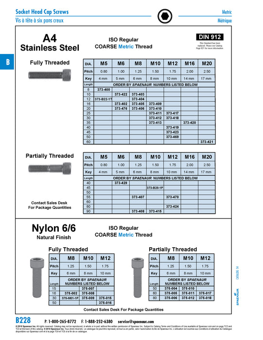 Hex Socket Cap Screw ~DIN 912 M12 x 1.75 x 80mm Nylon (Polyamide 6.6)
