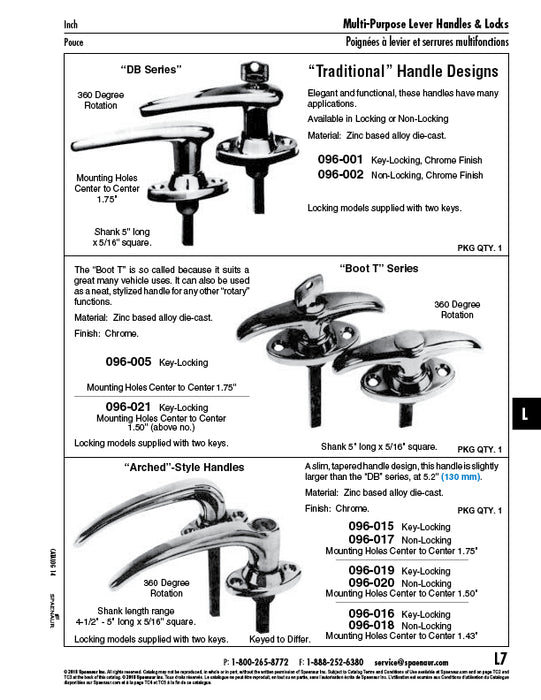 Locking Handle D.B. Series, Key # Fs-Md 1.75" C. to C. x 5" Shaft LGTH Zinc Alloy Die Cast, Chrome Plated by Spaenaur Inc.