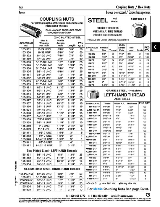 Hex Nut Finished Full, Left Hand Thread 3/8"-24 UNF Lht, 9/16" A/F x 21/64" HT, Grade 5 Steel Plain Finish by Spaenaur Inc.