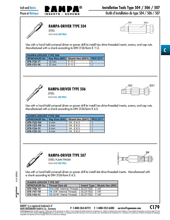 Rampa Power Drive Tool for Slotted Inserts, 1/4" Hex Drive, for M10 (3/8") Internal Thread, Steel Plain Finish