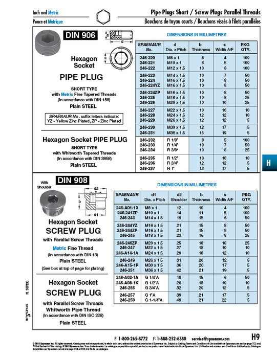 Hex Socket Plug with Parallel Thread & Shoulder, DIN 908 G 1/2 A Steel Zinc Plated DIN 908/ST-ZP G1/2A