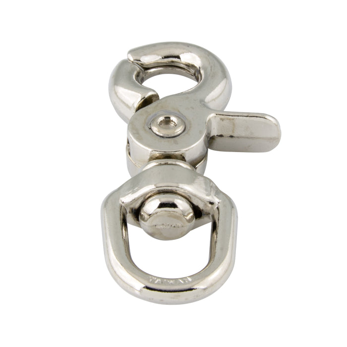Mousqueton à gâchette, œillet pivotant ovale 5/8 po, longueur totale 2 3/8 po, ouverture 3/8 po, moulé sous pression en zinc, nickelé par Spaenaur Inc.