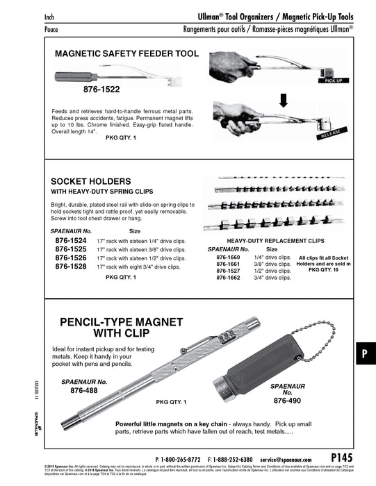 Support de douille avec clips à ressort 1/4" sur rail 17", acier chromé
