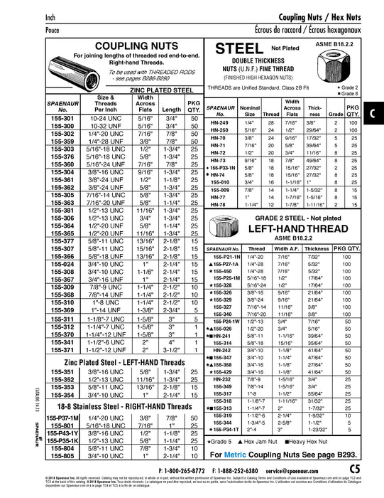 Heavy Hex Nut Left Hand Thread 5/8"-11 UNC (1 1/16"AF x 39/64"THK) Grade 5 Steel Plain ANSI B18.2.2-1986