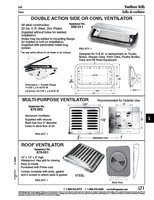 Ventilator with Internal CLosure, for Trailers, Four 2" DIA Holes On Back, Aluminum, Steel Zinc Plated Insert
