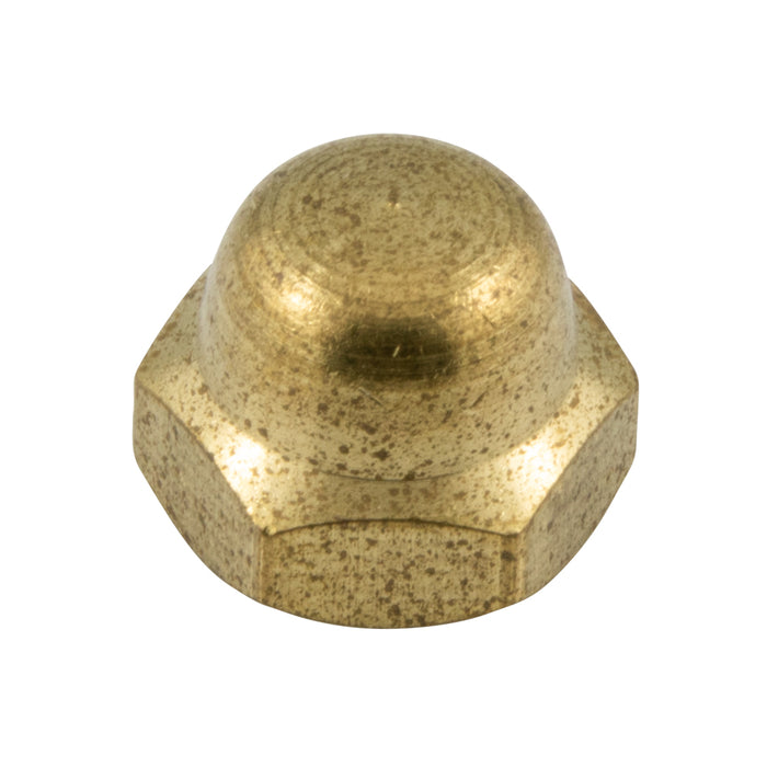 Cap Nut, 1/4"-28, 7/16" WAF, 3/8" THK, Brass