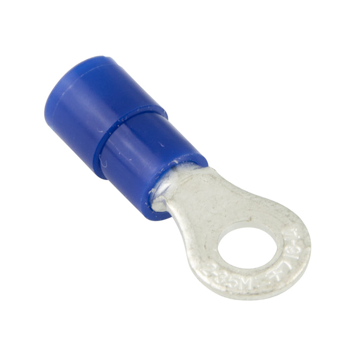 Ring tongue Terminal, Insulated, Solderless 16-14 Wire, 3/8" Stud Pure Electrolytic Copper, Blue Plastic Insulator, Heavy Bright Tin Plating