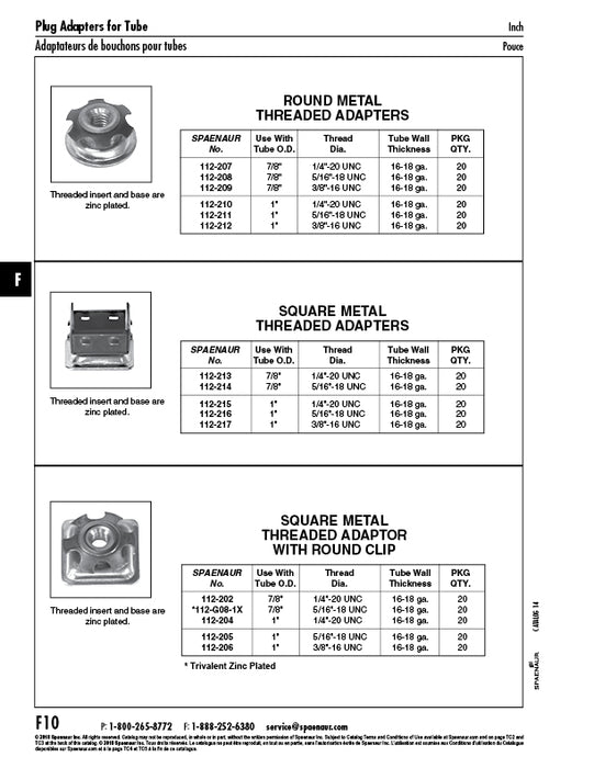 Adaptateur métallique fileté à 4 côtés pour tube carré de 1 po de diamètre avec filetage 3/8 po-16 UNC Finition de base en acier zingué