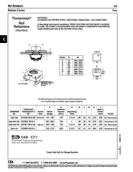 Dispositif de retenue à écrou 3/8"-16 UNC Gamme de panneaux .162"-.210" Acier à ressort Zinc électroplaqué