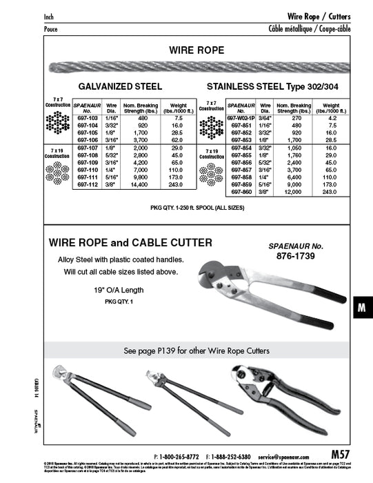 7X19 Strand Construction Cable 3/8" Wire DIA x 250Ft/Spool Galvanized Steel by Spaenaur Inc.