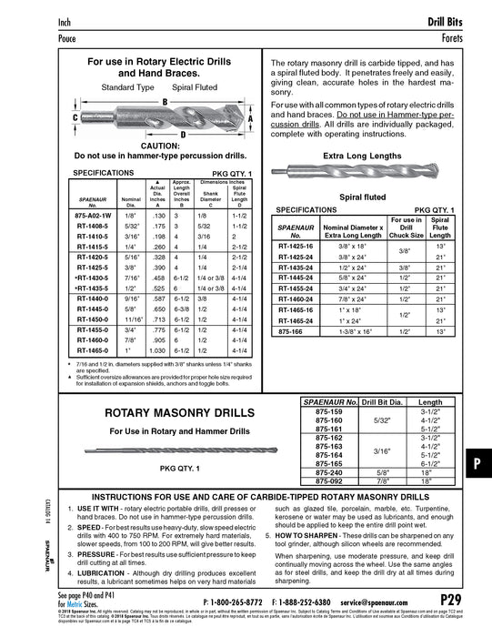 Rotary Masonry Drill, Carbide Tip 9/16" DIA x 6" LGTH (3/8" Shank)