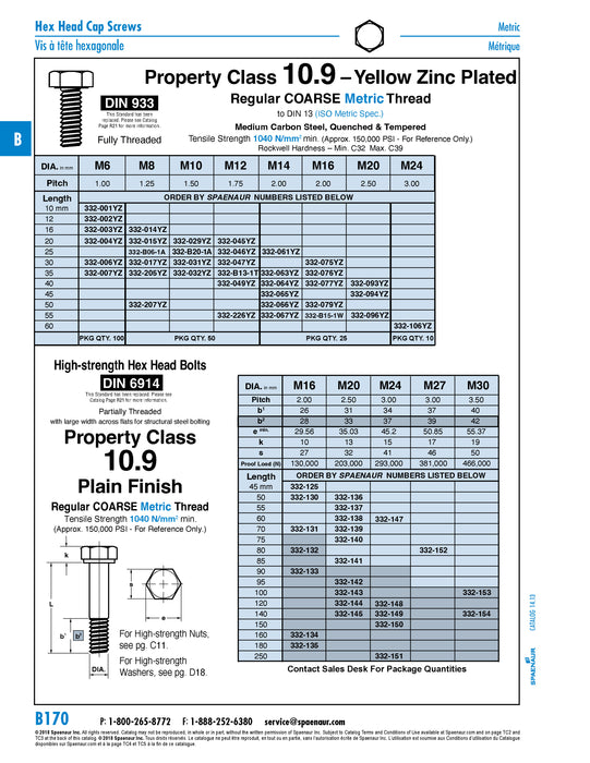 Hex Head Cap Screw, DIN 933 M8 x 1.25 x 30mm LG Full Thread Class 10.9 Steel Yellow Zinc Plated DIN 933/10.9-YZ M8X30