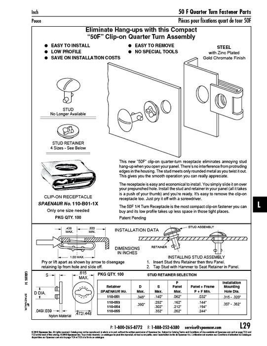 Snap-In Grommet for 1/4-Turn Fastener 50F Series General Purpose .390" D x .245" L, .162" Panel Max, .144" Grip Min, Nylon by Spaenaur Inc.