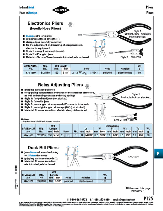 Relay Adjusting Pliers Flat-Wide Jaws 135mm (5-1/4") LGTH Chrome Vanadium Steel,Polished Head Plastic-Coated Handles by Spaenaur Inc.