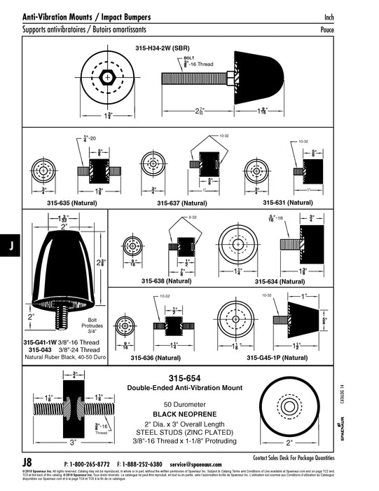Support antivibration à boulonner avec boulon saillant 3/8 po-24 UNF x 3/4 po, diamètre extérieur 2 po x 1 3/32 po x 2 1/8 po O/A LG Sbr noir, 50-55 Duro par Spaenaur Inc.