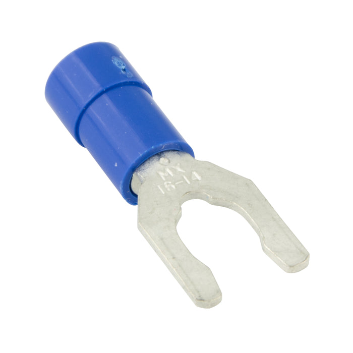 Spade tongue Terminal, Locking Style, Solderless, Insulated #6 Stud, 22-18 GA. Wire Electrolytic Copper Heavy Bright Tin, Red Plastic Insulation