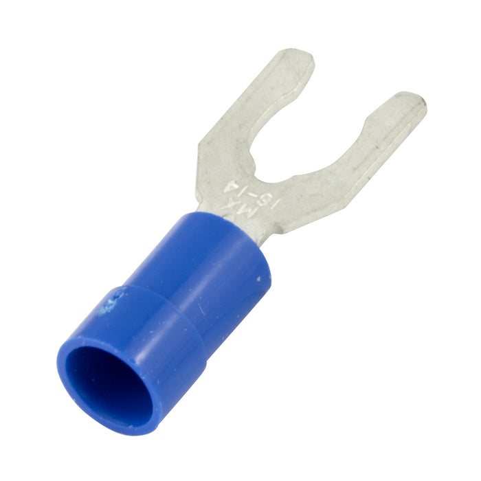 Spade tongue Terminal, Locking Style, Solderless, Insulated #6 Stud, 22-18 GA. Wire Electrolytic Copper Heavy Bright Tin, Red Plastic Insulation