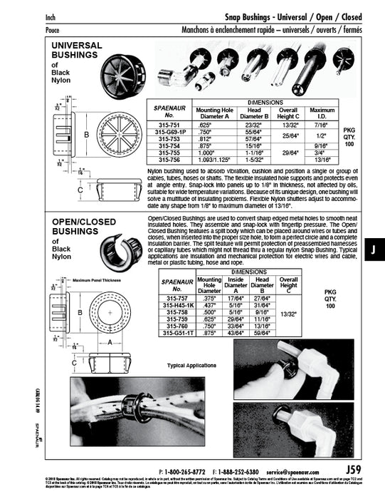 Open/Closed Bushing .875 x 43/64 x 59/64 x 13/32 Nylon Black by Spaenaur Inc.