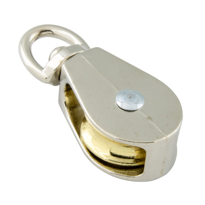 Pulley W/ Swivel Eye for 9/32" Rope DIA., 2-3/8" Oal, 7/16" Swivel Eye ID Die Cast, Nickel Plated Die Cast Brass Plated Wheel by Spaenaur Inc.