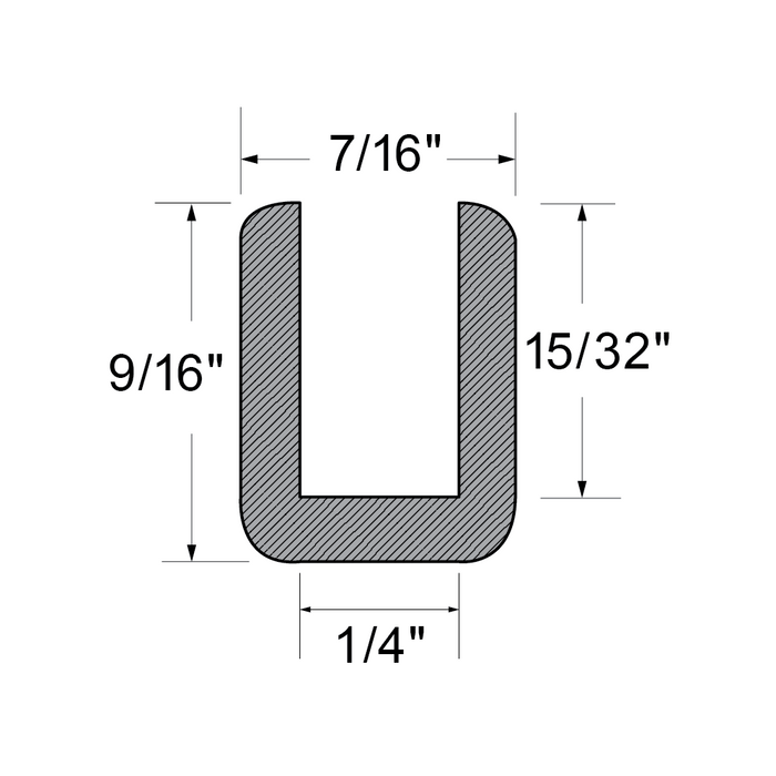 Profilé extrudé en forme de « U » en longueurs de 50 pieds. Composé SBR 70 Duro.