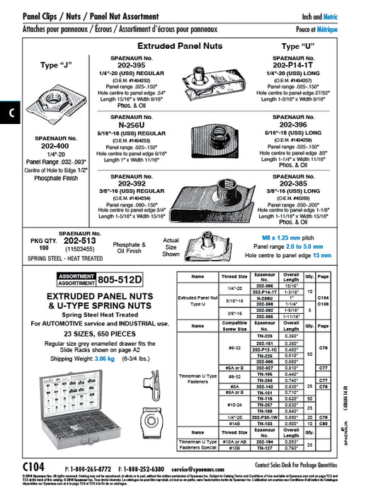 Écrou à panneau en « U », extrudé, filetage M8 x 1,25, panneau 2,0 mm-5,0 mm, acier à ressort traité thermiquement, finition zinguée, par Spaenaur Inc.