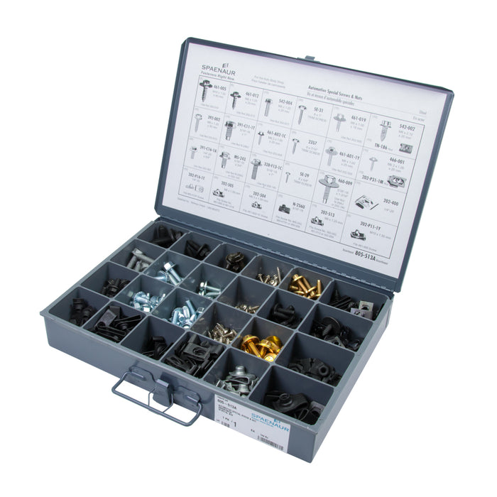Assortiment de vis et écrous spéciaux pour l'automobile dans une boîte métallique